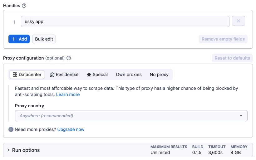 Bluesky Profile Scraper input