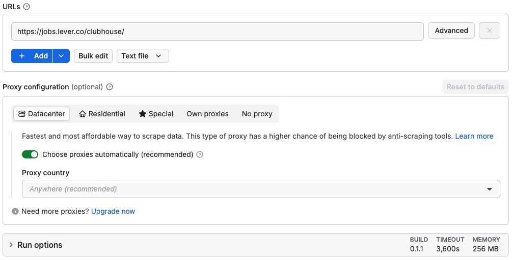 Lever Job Scraper input